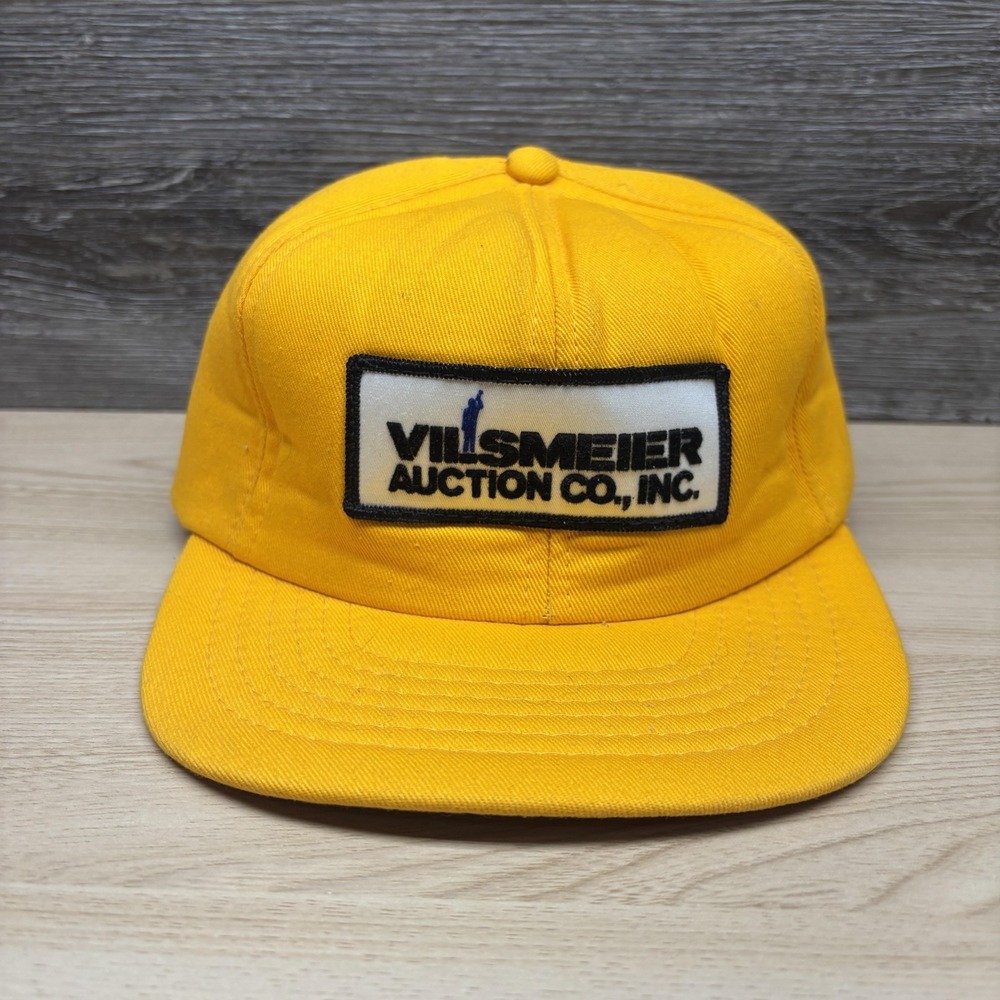 Vintage Vilsmeier Auction Hat Cap Snap Back Yellow Patch Advertising Mens 80s